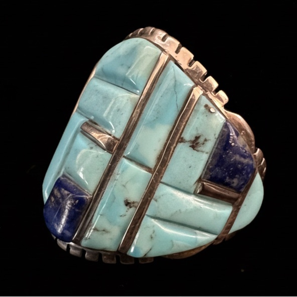 Turquoise & Lapis Inlay Statement Ring sterling Silver setting native design‎ - Picture 2 of 7